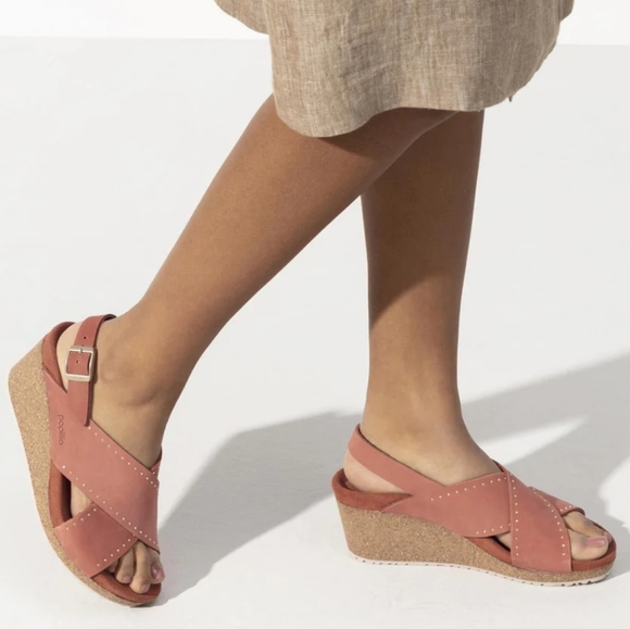 Papillio Shoes - Papillio by Birkenstock Samira Rivets Nubuck Leather Wedge Sandals in Earth Red